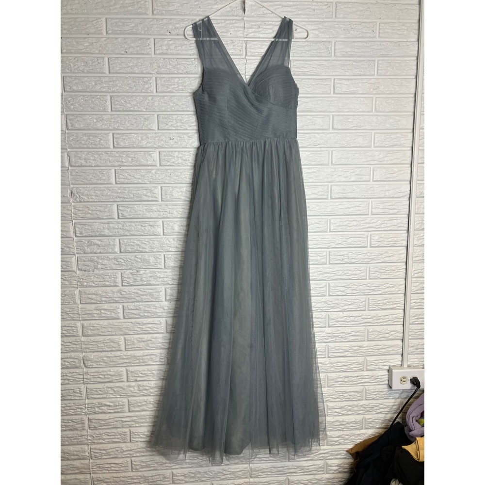 Birdy Grey Tulle Maxi Dress Womens XS Blue Good Pleated V-Neck Bridesmaid Gown